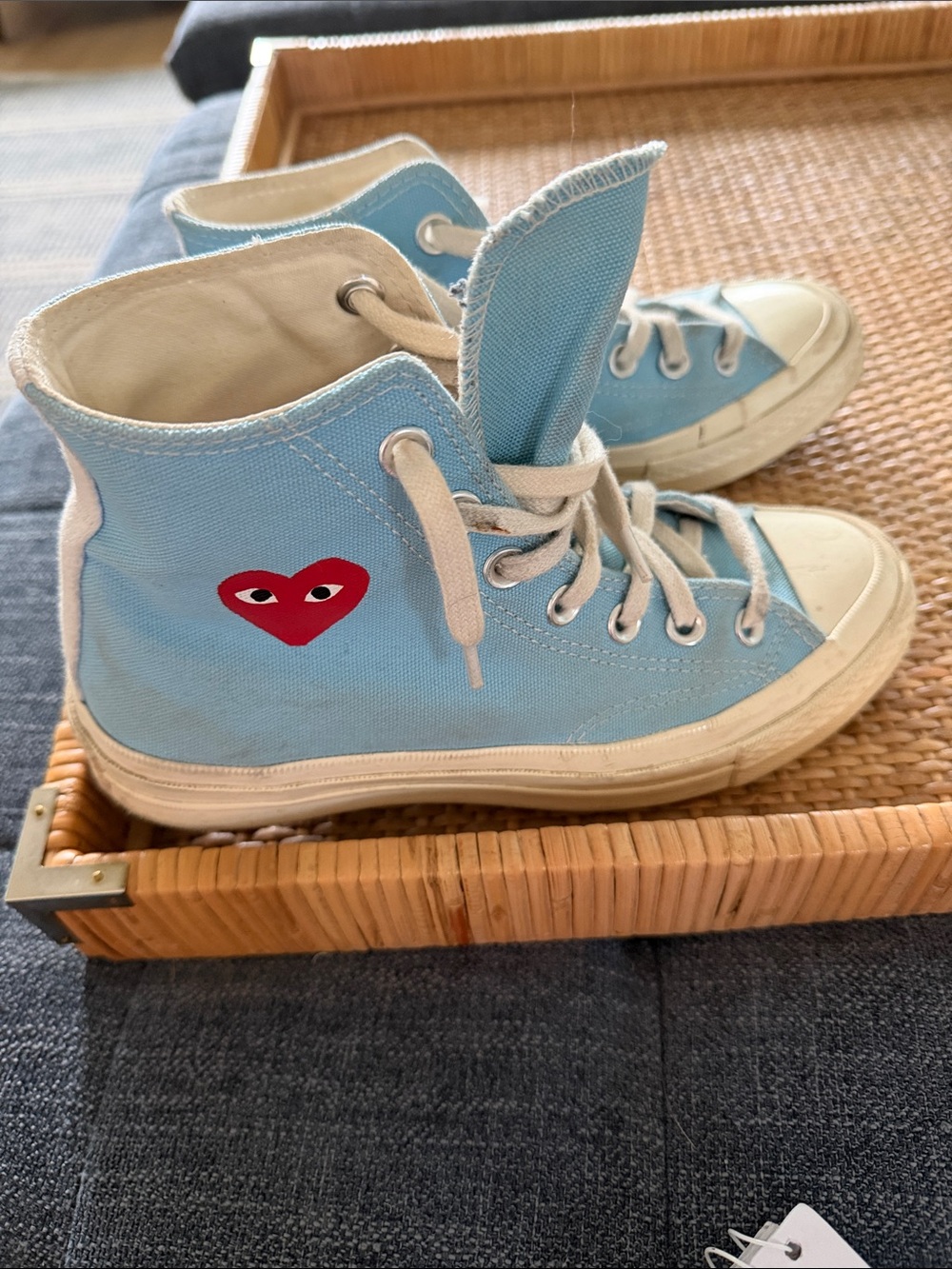 Comme des Garçons PLAY Light Blue High-Top Canvas Kids Sneakers with Red Heart